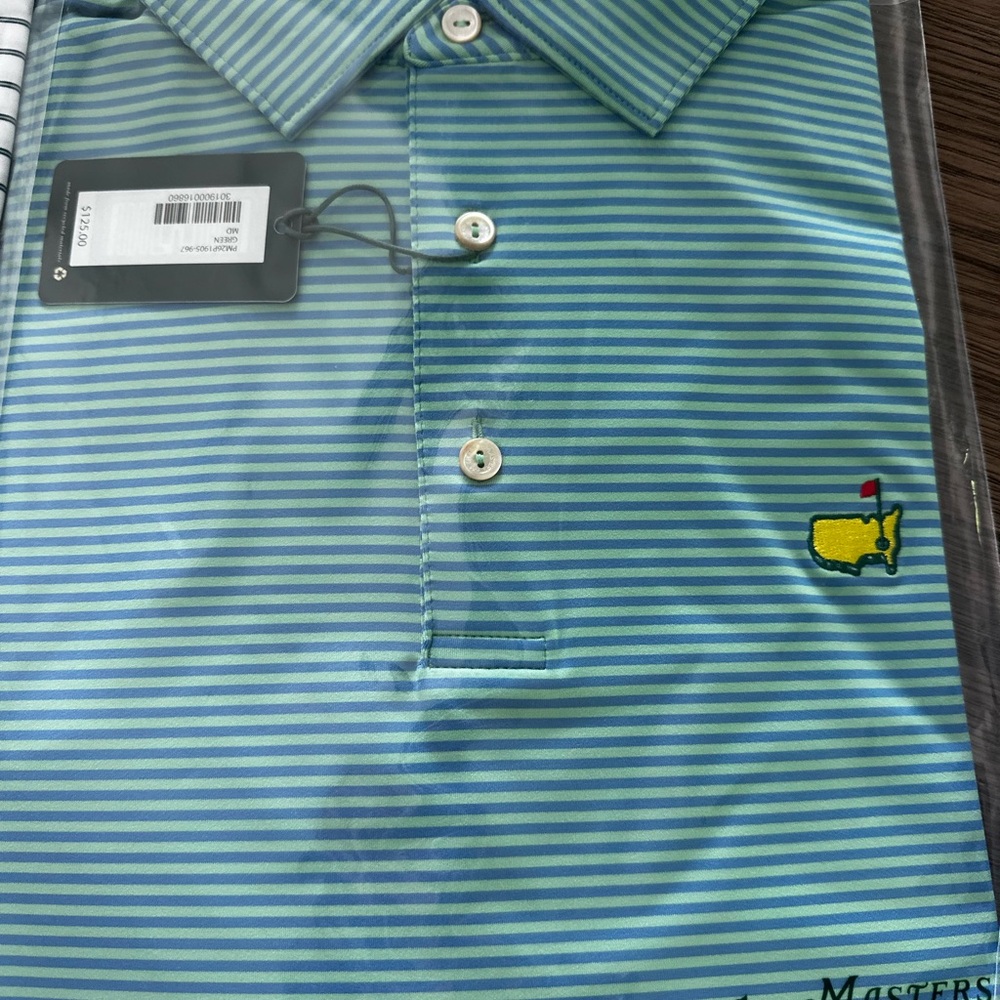 Peter Millar Aqua and Light Green Striped Golf Polo with Yellow Embroidered Logo